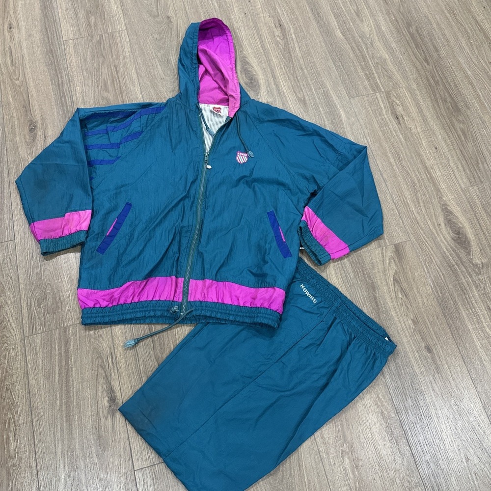 Vintage Y2K 2‎ Piece Kswiss Windbreaker Tracksuit Womens Medium Teal Pink Purple
